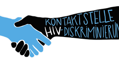 H&auml;ndesch&uuml;tteln einer blauen und einer schwarzen Hand mit der Aufschrift Kontaktstelle HIV-Diskriminierung