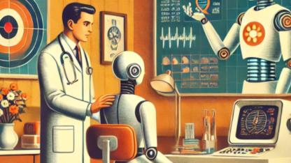 Illustration Roboter am Schreibtisch, daneben steht ein Mensch im Arztkittel